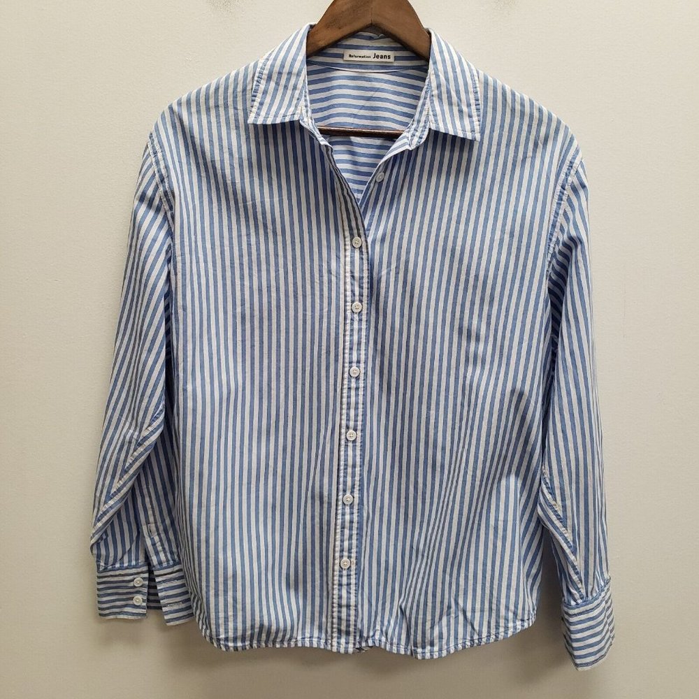 Reformation Womens Striped Button Front Top Size M Blue White Long Sleeve Collar